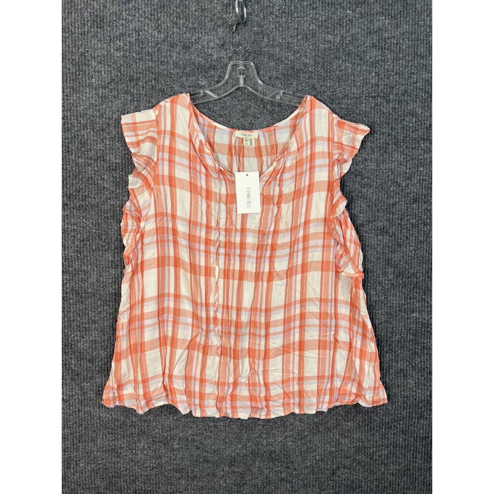 Como Blouse Womens Plus 2X Orange Plaid Short Sleeve Bohemian V Neck Casual